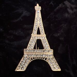 Sparkling Eiffel Tower Paris Brooch  Pin Shiny Rhinestones Gold Tone